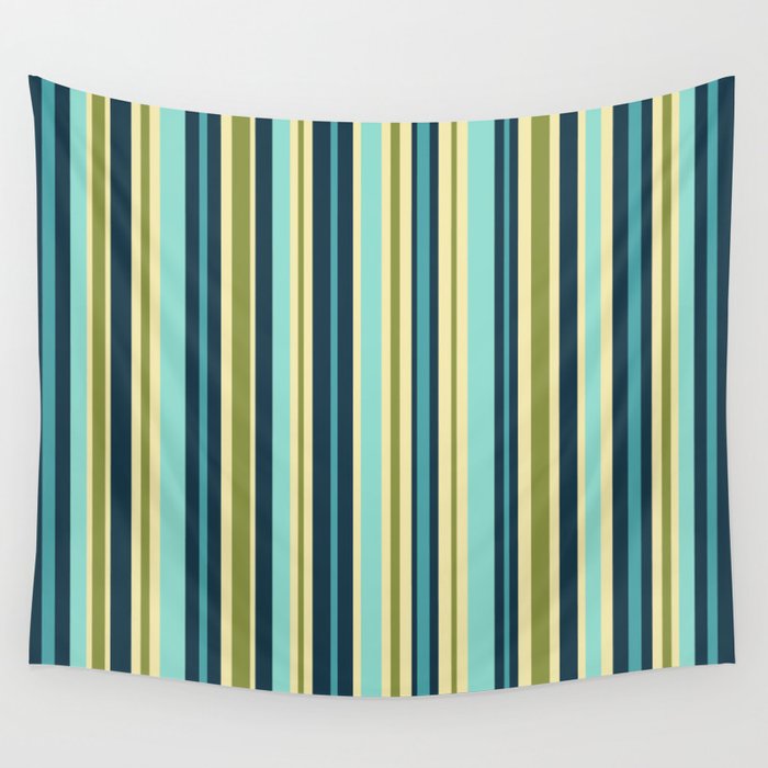 Vertical Stripes Blue Aqua Olive Vanilla Wall Tapestry Gallery Image 4