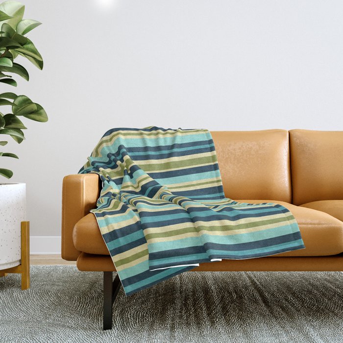 Vertical Stripes Blue Aqua Olive Vanilla Throw Blanket Gallery Image 1
