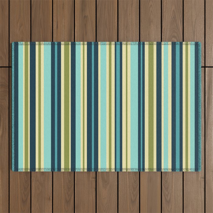 Vertical Stripes Blue Aqua Olive Vanilla Outdoor Rug Gallery Image 1