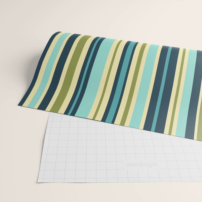 Vertical Stripes Blue Aqua Olive Vanilla Wrapping Paper Gallery Image 2