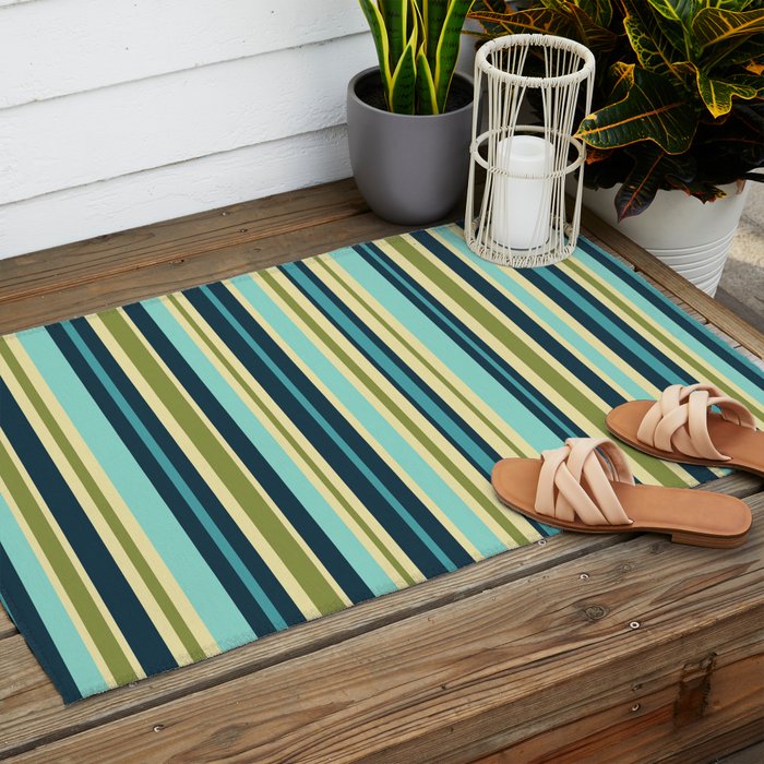 Vertical Stripes Blue Aqua Olive Vanilla Outdoor Rug Gallery Image 2