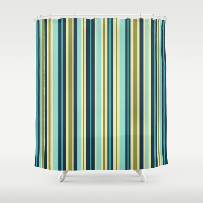 Vertical Stripes Blue Aqua Olive Vanilla Shower Curtain Gallery Image 1