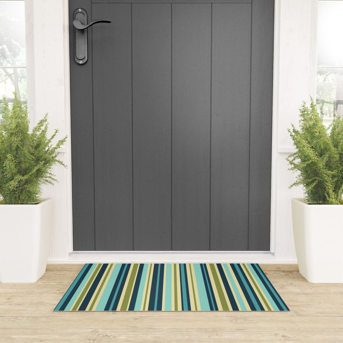 Vertical Stripes Blue Aqua Olive Vanilla Welcome Mat Gallery Image 3