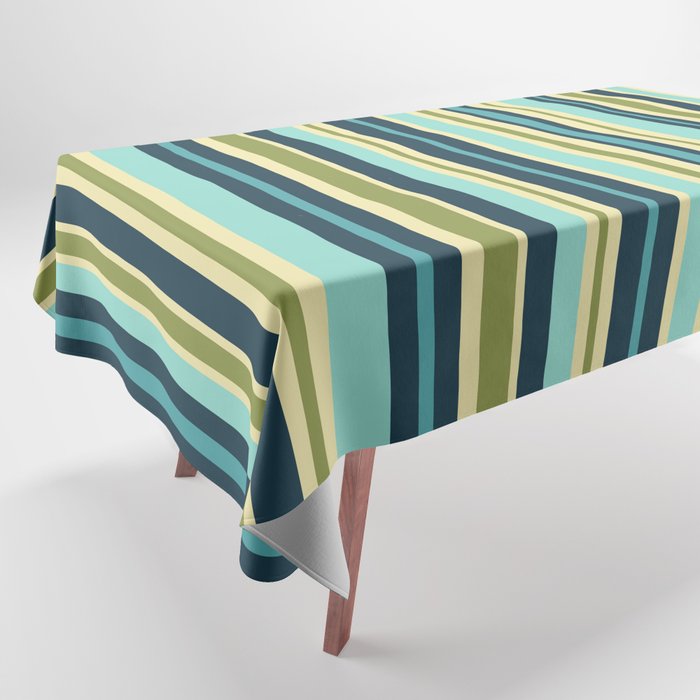 Vertical Stripes Blue Aqua Olive Vanilla Tablecloth Gallery Image 1