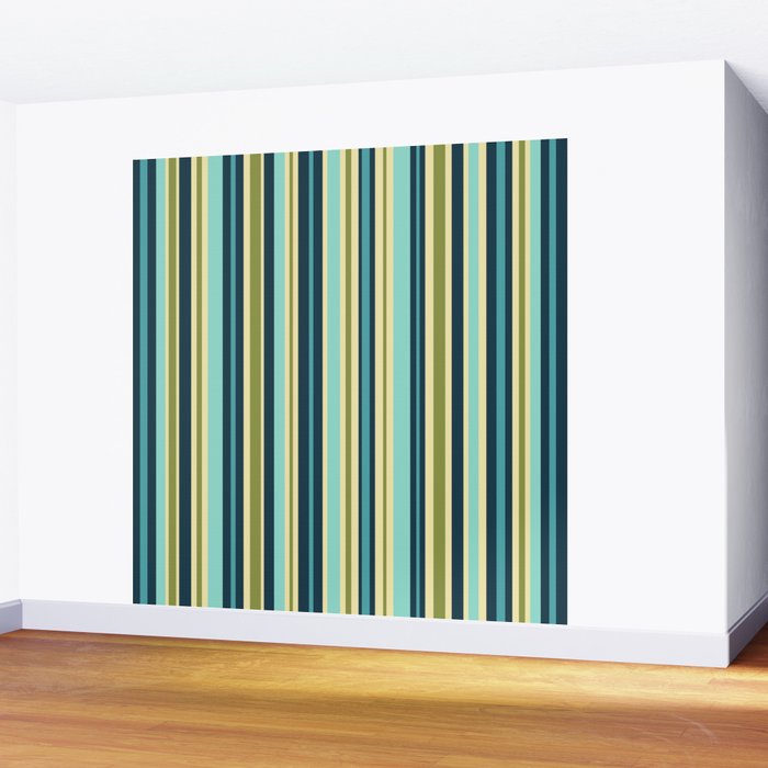 Vertical Stripes Blue Aqua Olive Vanilla Wall Mural Gallery Image 2