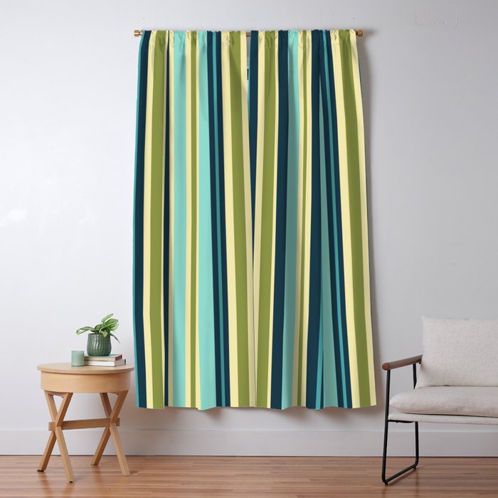 Vertical Stripes Blue Aqua Olive Vanilla Window Curtain Gallery Image 5