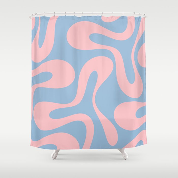 Soft Curves Retro Modern Abstract Pattern in Pastel Pink and Light Blue Shower Curtain Gallery Image 1