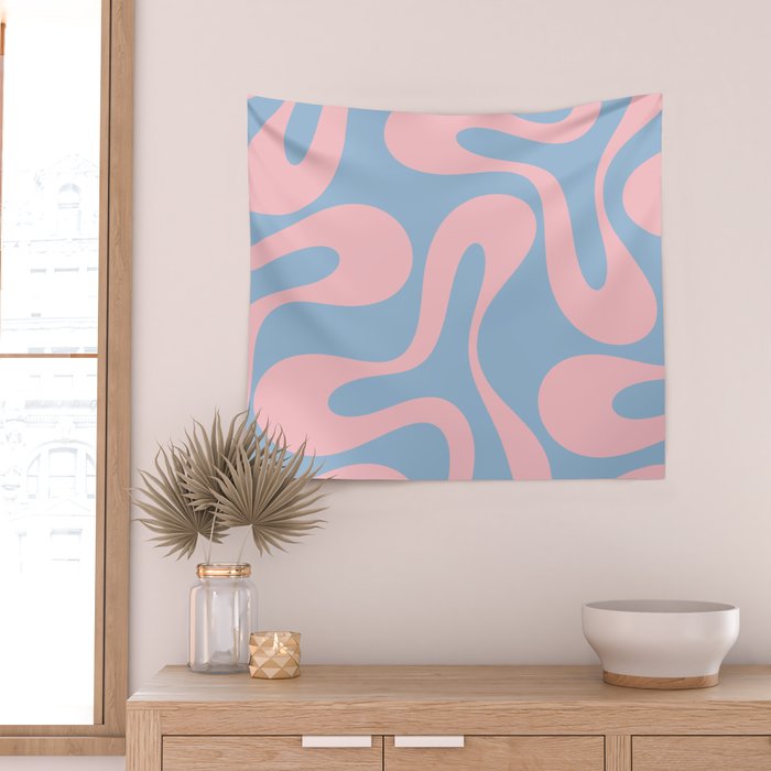 Soft Curves Retro Modern Abstract Pattern in Pastel Pink and Light Blue Wall Tapestry Gallery Image 2