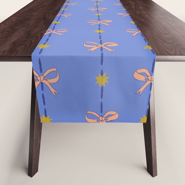 Cute Hair Bows & Stars in Sky Blue & Peach Table Runner Gallery Image 1
