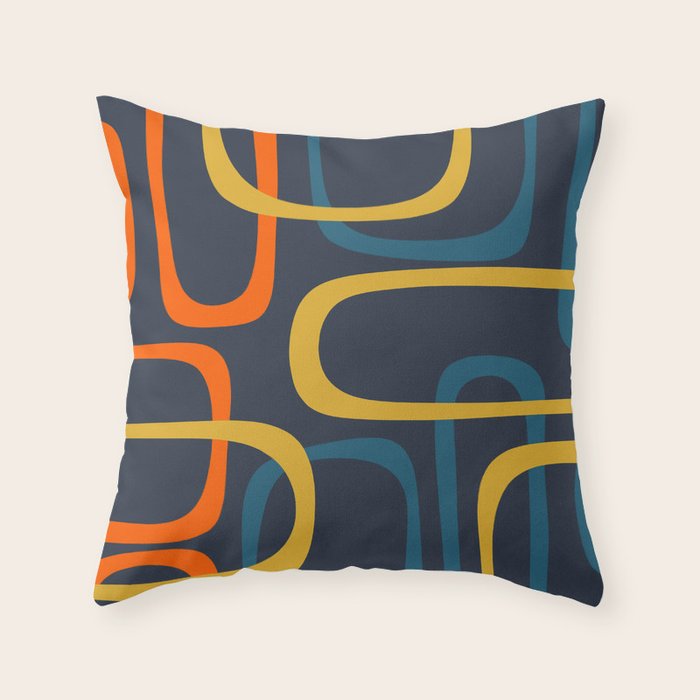 Fine Loops Mid Century Modern Pattern Blue Orange Mustard Throw Pillow Gallery Image 6