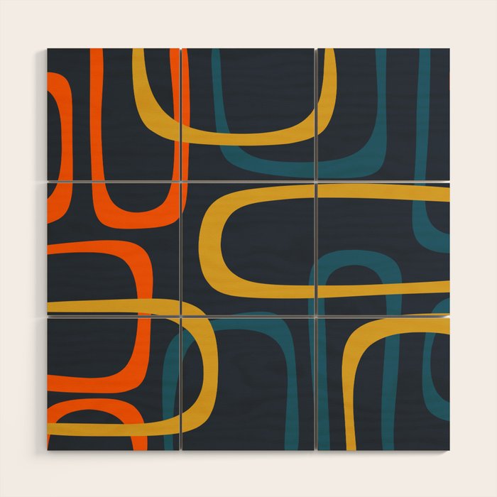 Fine Loops Mid Century Modern Pattern Blue Orange Mustard Wood Wall Art Gallery Image 1