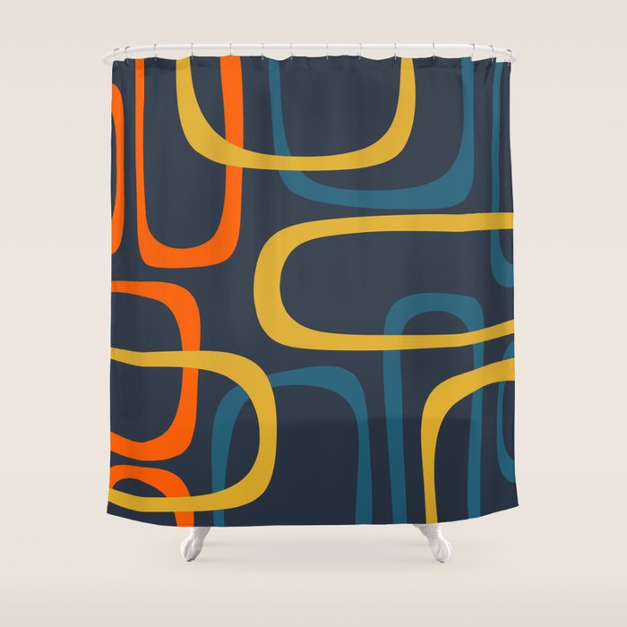 Fine Loops Mid Century Modern Pattern Blue Orange Mustard Shower Curtain Gallery Image 1