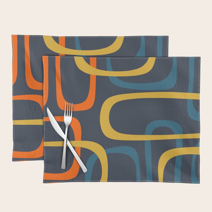 Fine Loops Mid Century Modern Pattern Blue Orange Mustard Placemat Gallery Image 1