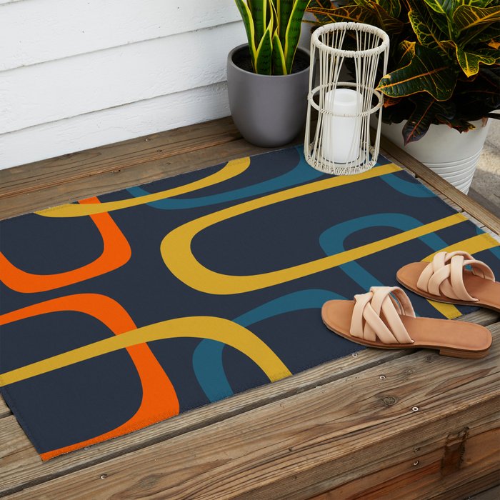 Fine Loops Mid Century Modern Pattern Blue Orange Mustard Outdoor Rug Gallery Image 2