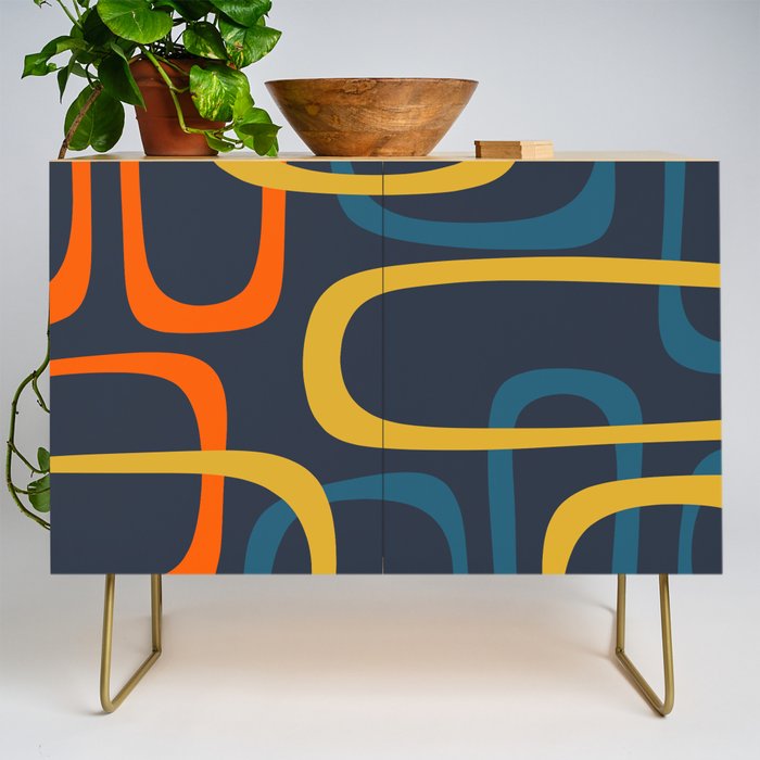 Fine Loops Mid Century Modern Pattern Blue Orange Mustard Credenza Gallery Image 1