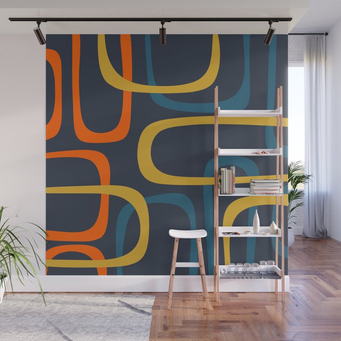 Fine Loops Mid Century Modern Pattern Blue Orange Mustard Wall Mural Gallery Image 1