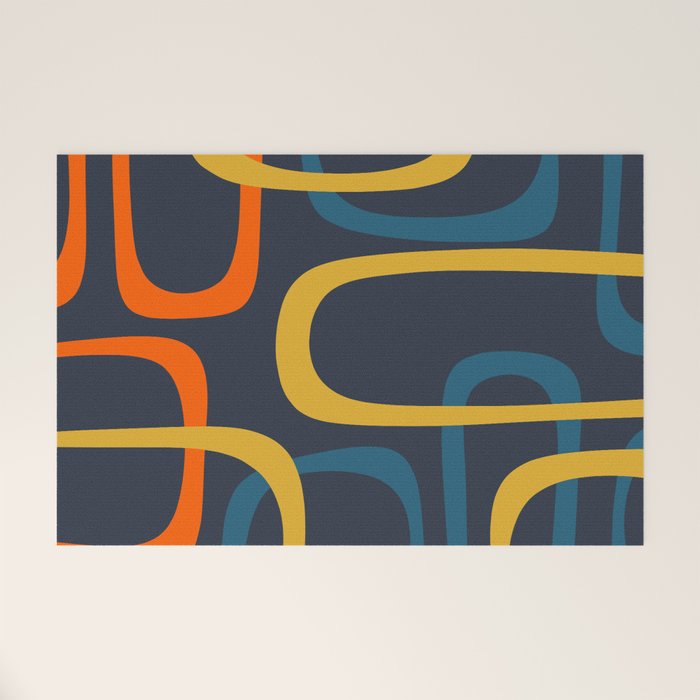 Fine Loops Mid Century Modern Pattern Blue Orange Mustard Welcome Mat Gallery Image 1