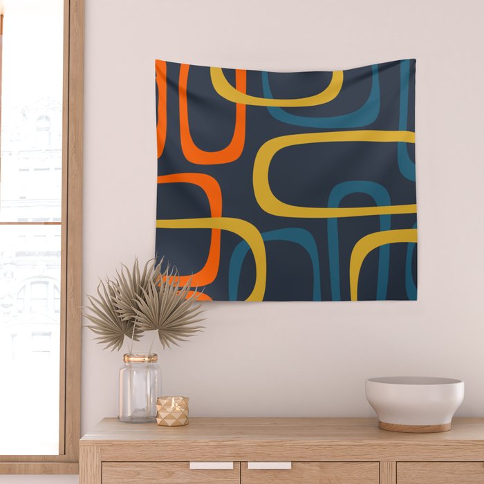 Fine Loops Mid Century Modern Pattern Blue Orange Mustard Wall Tapestry Gallery Image 2