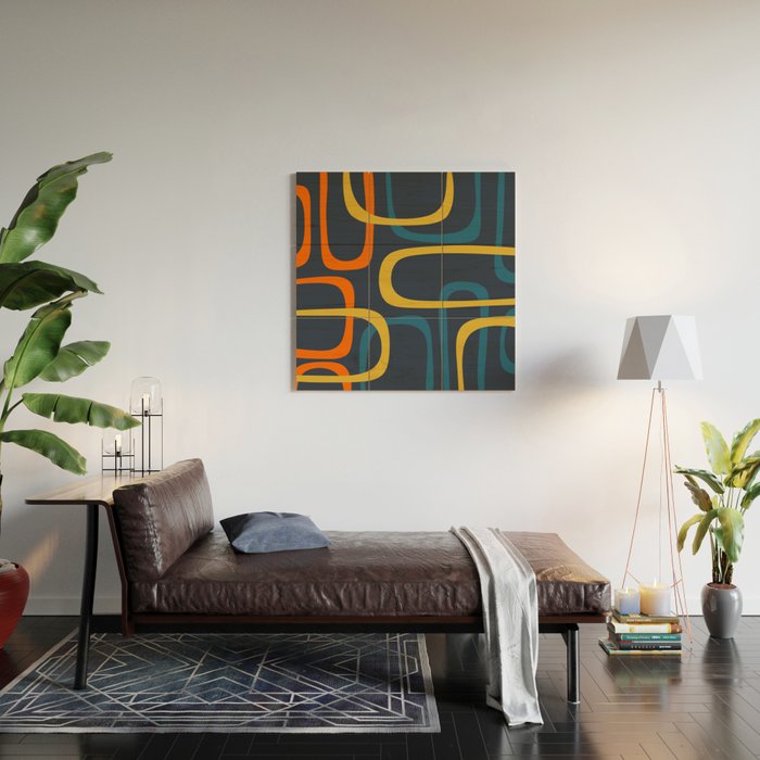 Fine Loops Mid Century Modern Pattern Blue Orange Mustard Wood Wall Art Gallery Image 2