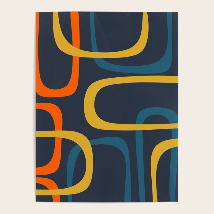 Fine Loops Mid Century Modern Pattern Blue Orange Mustard Poster Gallery Image 4