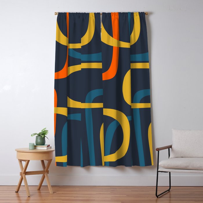 Fine Loops Mid Century Modern Pattern Blue Orange Mustard Window Curtain Gallery Image 1