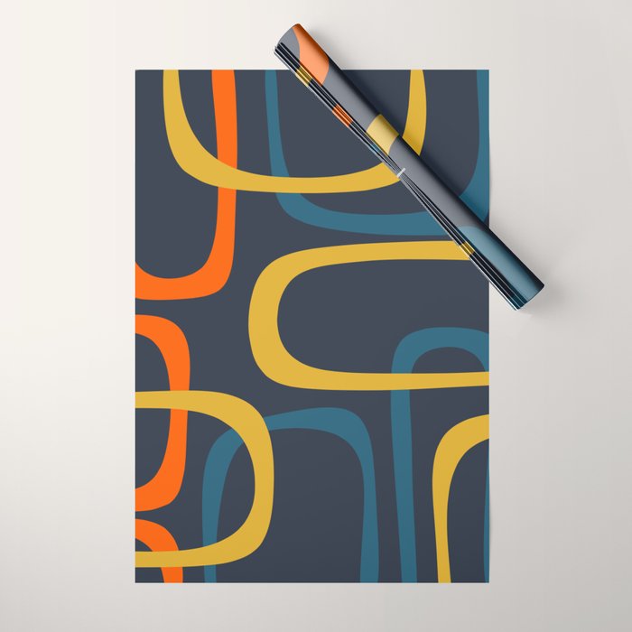 Fine Loops Mid Century Modern Pattern Blue Orange Mustard Wrapping Paper Gallery Image 1