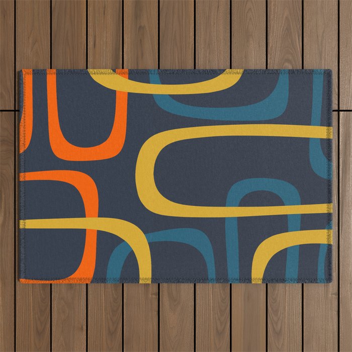 Fine Loops Mid Century Modern Pattern Blue Orange Mustard Outdoor Rug Gallery Image 1