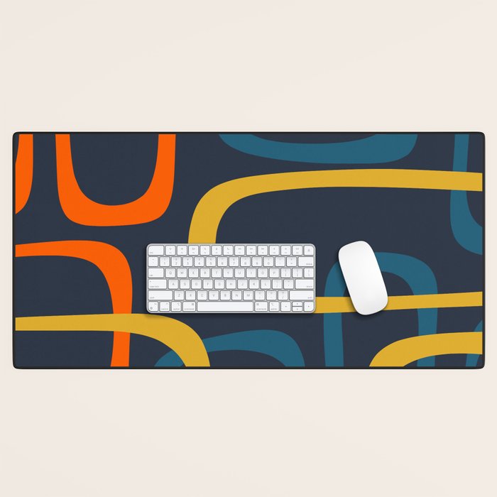 Fine Loops Mid Century Modern Pattern Blue Orange Mustard Desk Mat Gallery Image 1