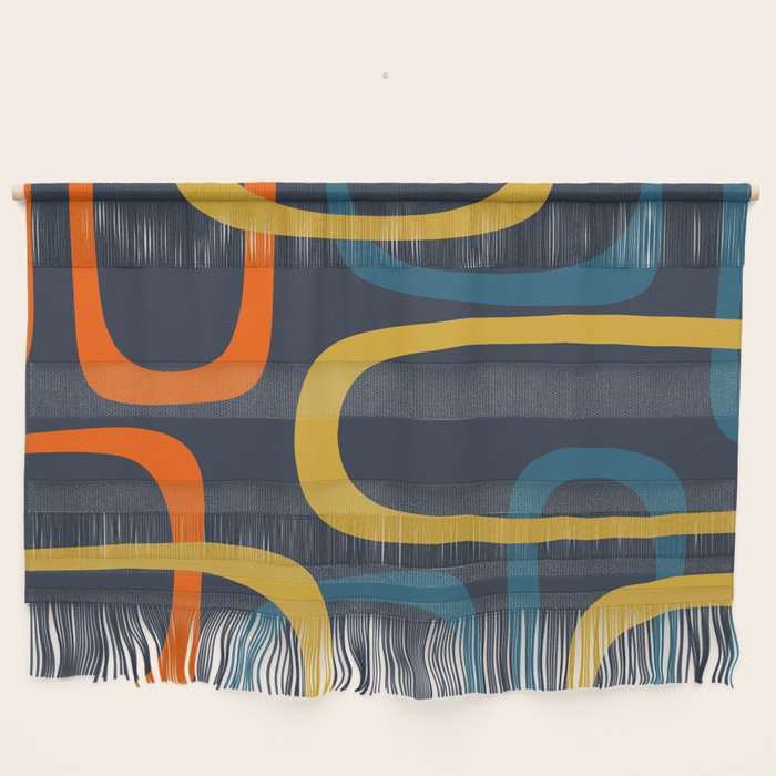 Fine Loops Mid Century Modern Pattern Blue Orange Mustard Wall Hanging Gallery Image 1