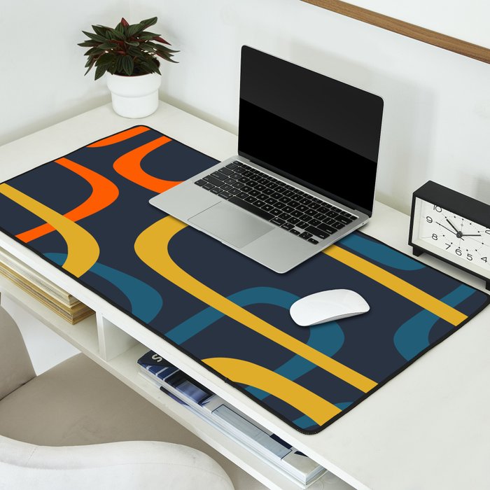 Fine Loops Mid Century Modern Pattern Blue Orange Mustard Desk Mat Gallery Image 2