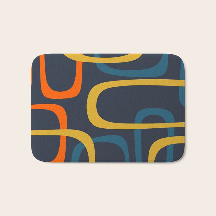 Fine Loops Mid Century Modern Pattern Blue Orange Mustard Bath Mat Gallery Image 1