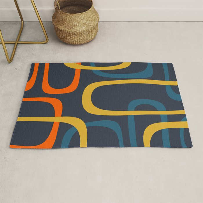 Fine Loops Mid Century Modern Pattern Blue Orange Mustard Rug Gallery Image 1