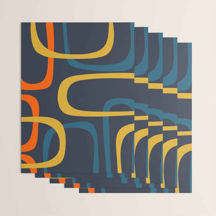 Fine Loops Mid Century Modern Pattern Blue Orange Mustard Wrapping Paper Gallery Image 3