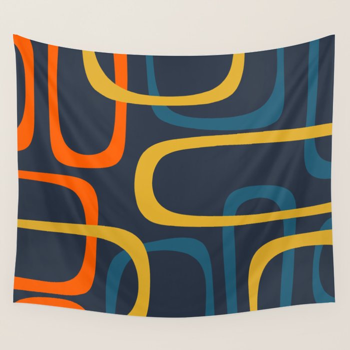 Fine Loops Mid Century Modern Pattern Blue Orange Mustard Wall Tapestry Gallery Image 4