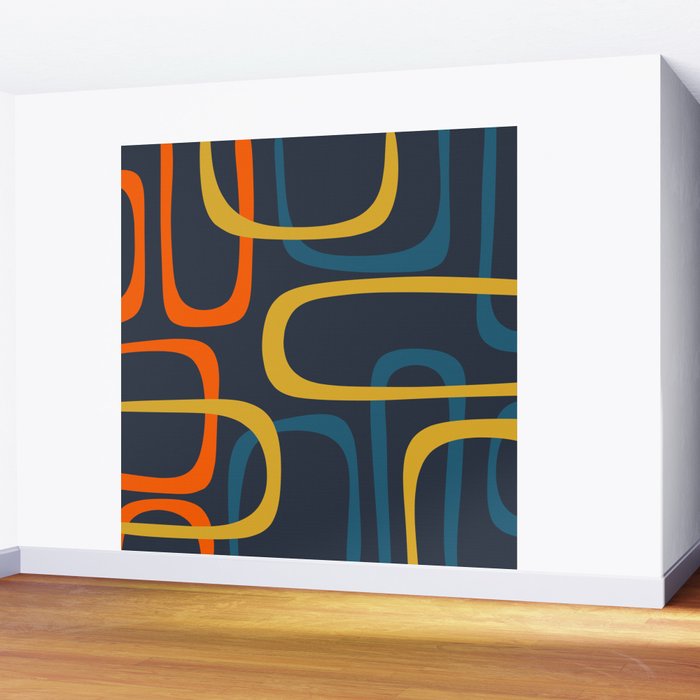 Fine Loops Mid Century Modern Pattern Blue Orange Mustard Wall Mural Gallery Image 2