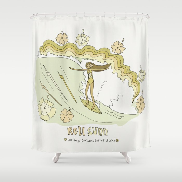 rell sunn queen of aloha // retro surf art by surfy birdy  Shower Curtain Gallery Image 1