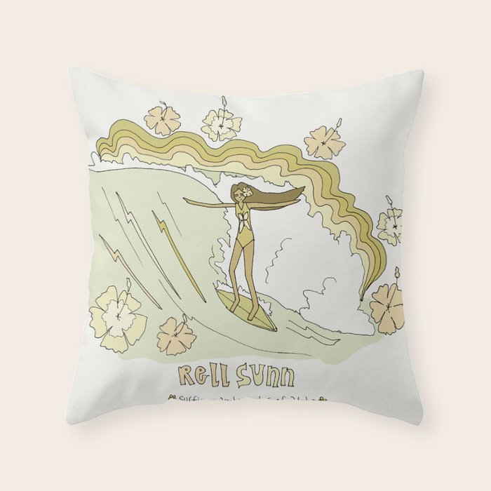 rell sunn queen of aloha // retro surf art by surfy birdy  Throw Pillow Gallery Image 1
