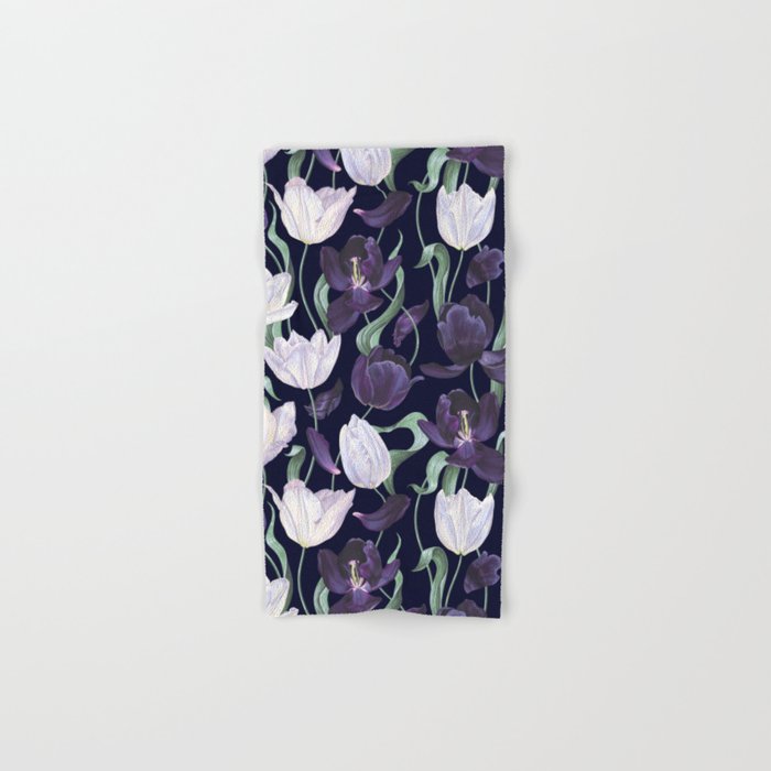 Purple and White Tulip Floral Prints on Navy Blue Bath Towel Gallery Image 1