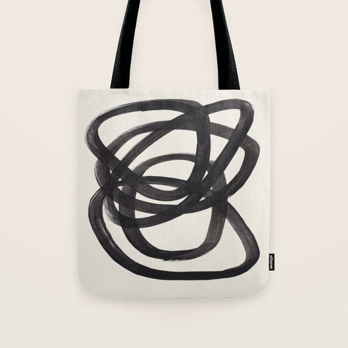 Mid Century Modern Minimalist Abstract Art Brush Strokes Black & White Ink Art Spiral Circles Tote Bag Gallery Image 1