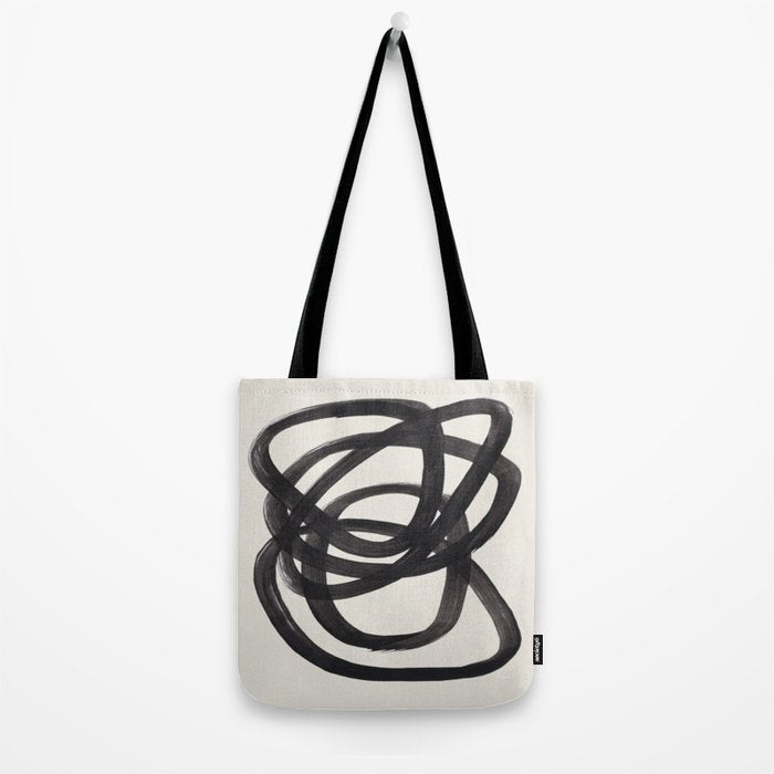 Mid Century Modern Minimalist Abstract Art Brush Strokes Black & White Ink Art Spiral Circles Tote Bag Gallery Image 2