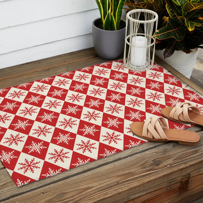 Festive Red & White Snowflake Pattern Outdoor Rug Gallery Image 2