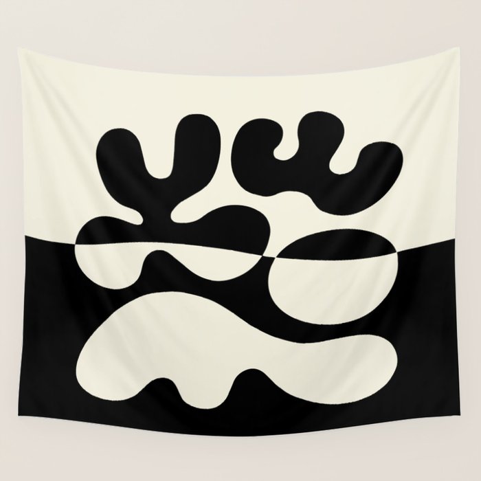 Mid Century Modern Organic Abstraction 235 Black and Ivory White Wall Tapestry Gallery Image 1