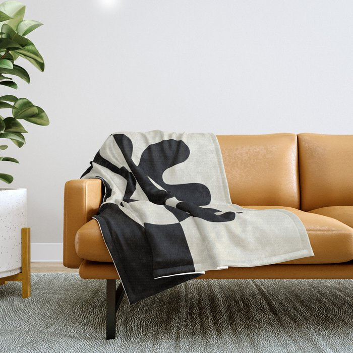 Mid Century Modern Organic Abstraction 235 Black and Ivory White Throw Blanket Gallery Image 1