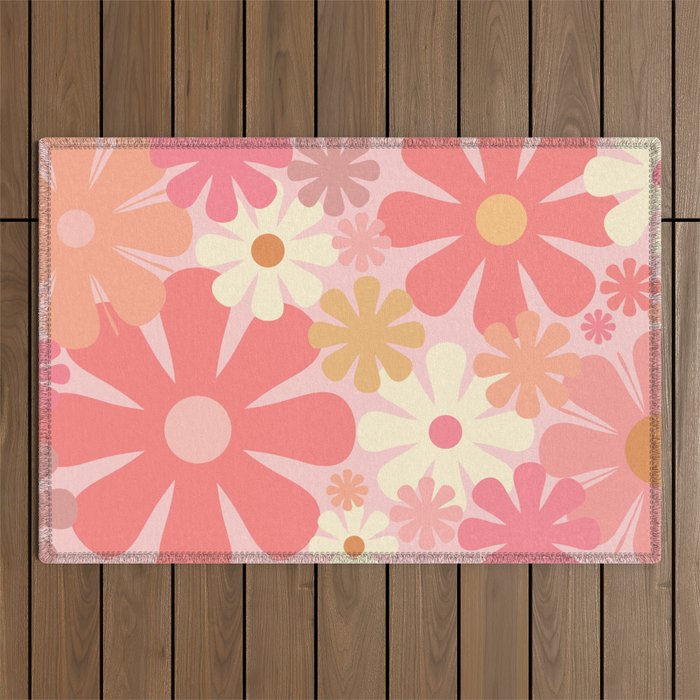 Pink Retro Flowers 60s 70s Floral Pattern in Blush Outdoor Rug Gallery Image 1