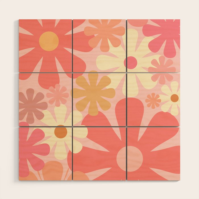 Pink Retro Flowers 60s 70s Floral Pattern in Blush Wood Wall Art Gallery Image 1
