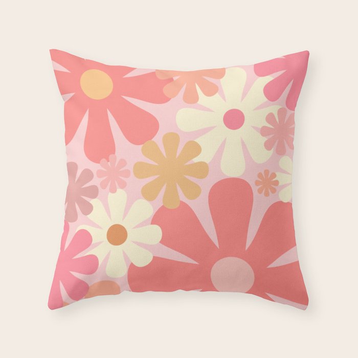Pink Retro Flowers 60s 70s Floral Pattern in Blush Throw Pillow Gallery Image 6