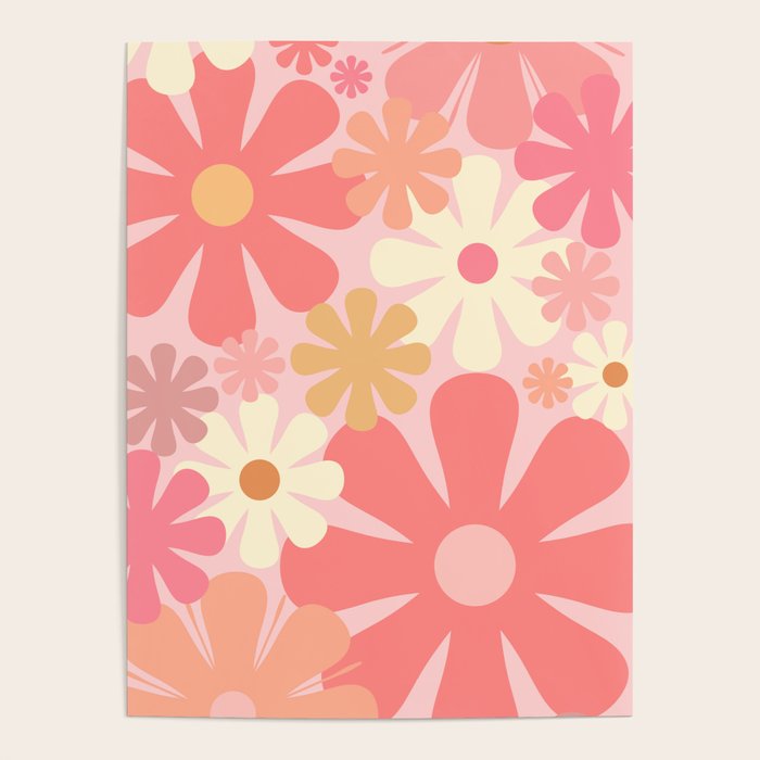 Pink Retro Flowers 60s 70s Floral Pattern in Blush Poster Gallery Image 1