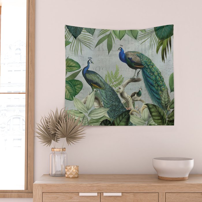 Majestic Peafowls In The Jungle With Vintage Typography Wall Tapestry Gallery Image 2
