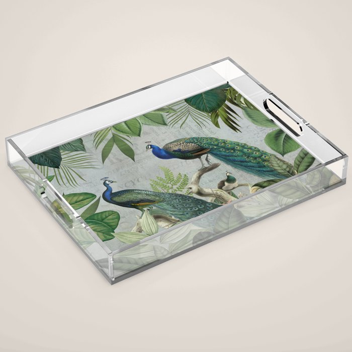 Majestic Peafowls In The Jungle With Vintage Typography Acrylic Tray Gallery Image 1