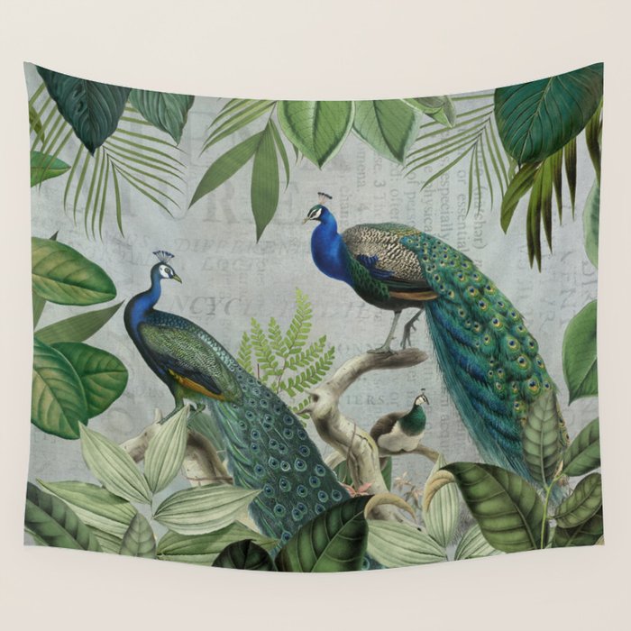 Majestic Peafowls In The Jungle With Vintage Typography Wall Tapestry Gallery Image 4